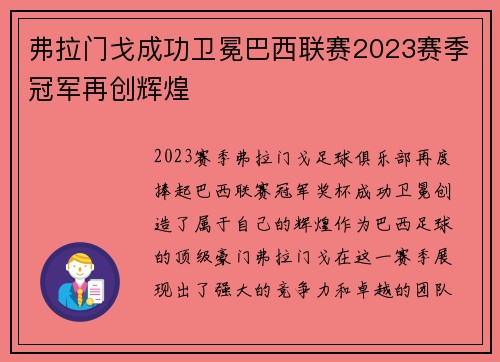 弗拉门戈成功卫冕巴西联赛2023赛季冠军再创辉煌 弗拉门戈成功卫冕巴西联赛2023赛季冠军再创辉煌