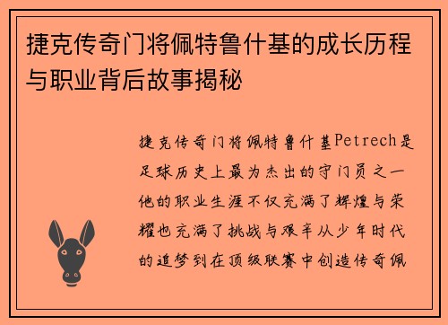 捷克传奇门将佩特鲁什基的成长历程与职业背后故事揭秘 捷克传奇门将佩特鲁什基的成长历程与职业背后故事揭秘
