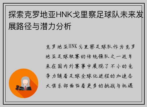 探索克罗地亚HNK戈里察足球队未来发展路径与潜力分析