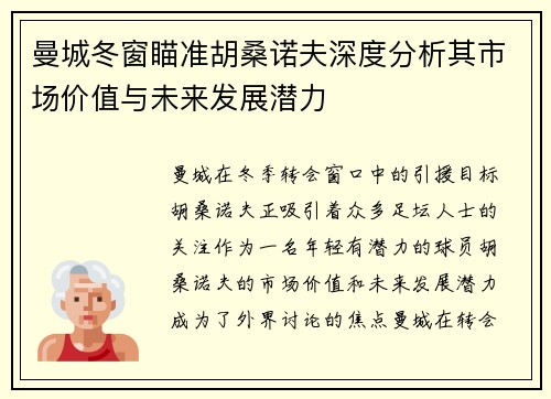 曼城冬窗瞄准胡桑诺夫深度分析其市场价值与未来发展潜力