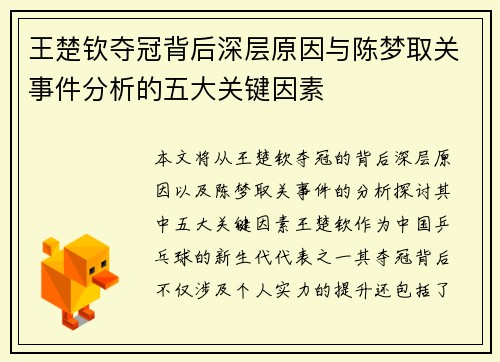 王楚钦夺冠背后深层原因与陈梦取关事件分析的五大关键因素 王楚钦夺冠背后深层原因与陈梦取关事件分析的五大关键因素
