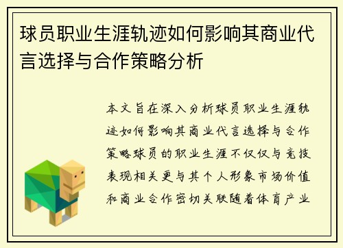球员职业生涯轨迹如何影响其商业代言选择与合作策略分析 球员职业生涯轨迹如何影响其商业代言选择与合作策略分析